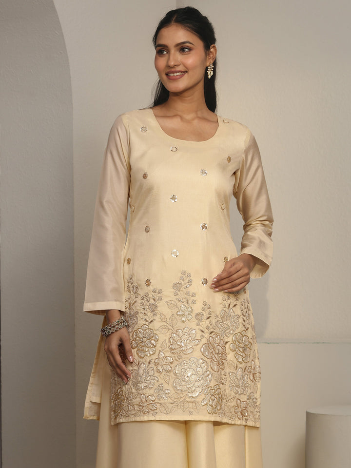 Libas Cream Floral Embroidered Silk Blend Palazzo Suit Set