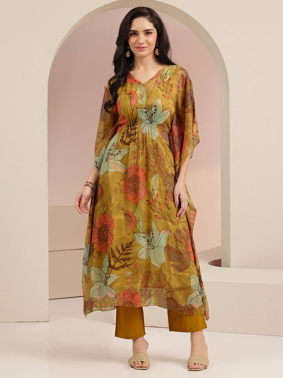 Libas Mustard Floral Printed 3 Piece Chiffon Kaftan Kurta Set