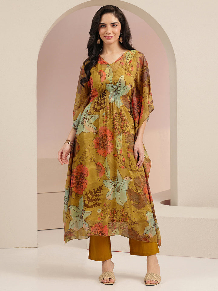 Libas Mustard Floral Printed 3 Piece Chiffon Kaftan Kurta Set
