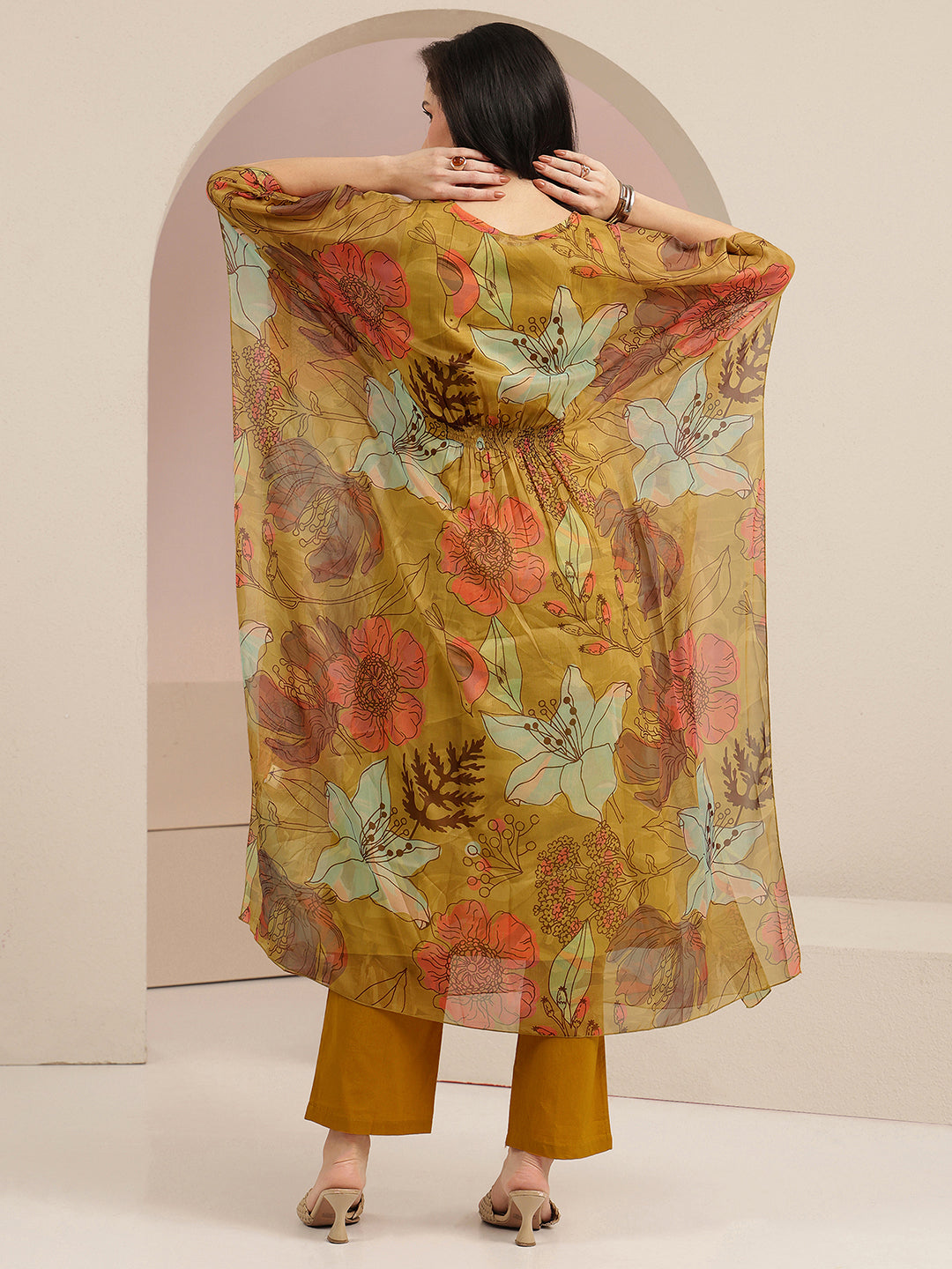 Libas Mustard Floral Printed 3 Piece Chiffon Kaftan Kurta Set