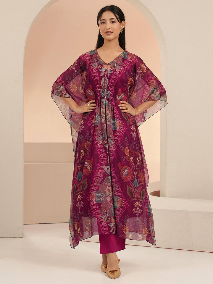 Libas Burgundy Floral Printed 3 Piece Chiffon Kaftan Kurta Set