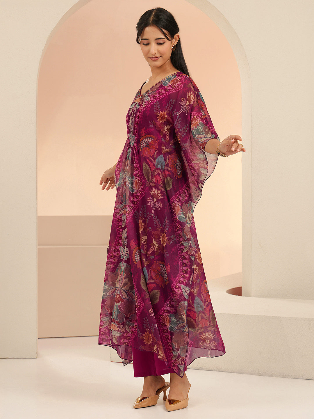 Libas Burgundy Floral Printed 3 Piece Chiffon Kaftan Kurta Set