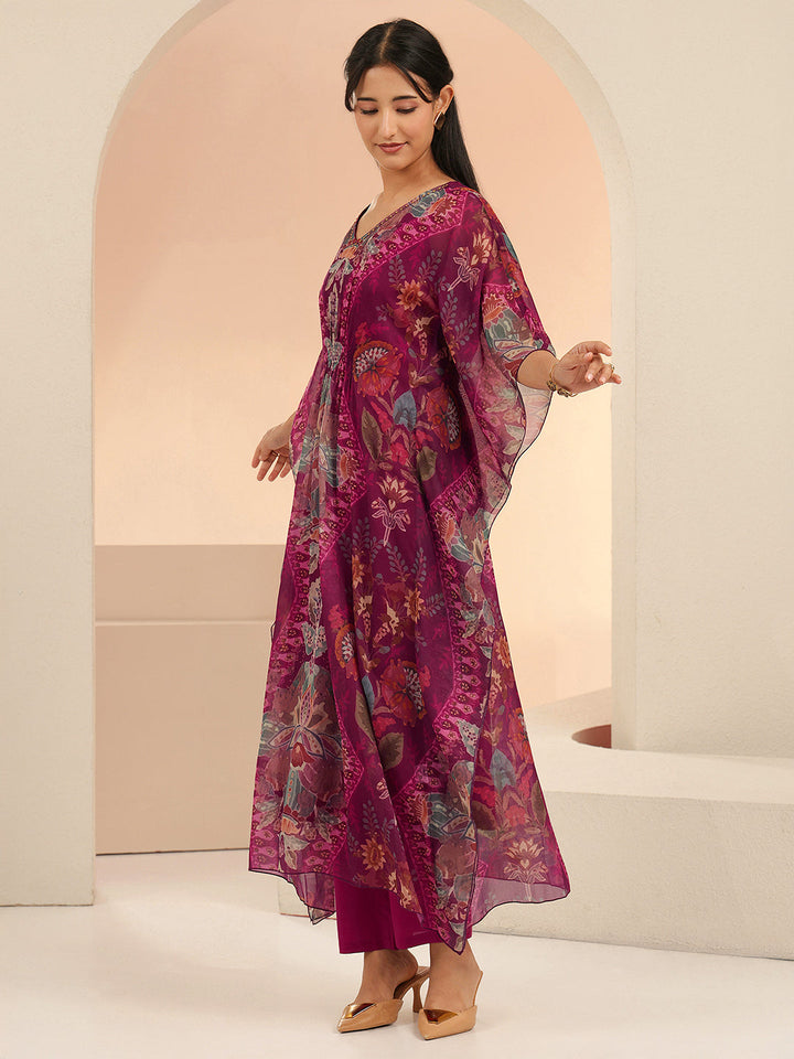 Libas Burgundy Floral Printed 3 Piece Chiffon Kaftan Kurta Set