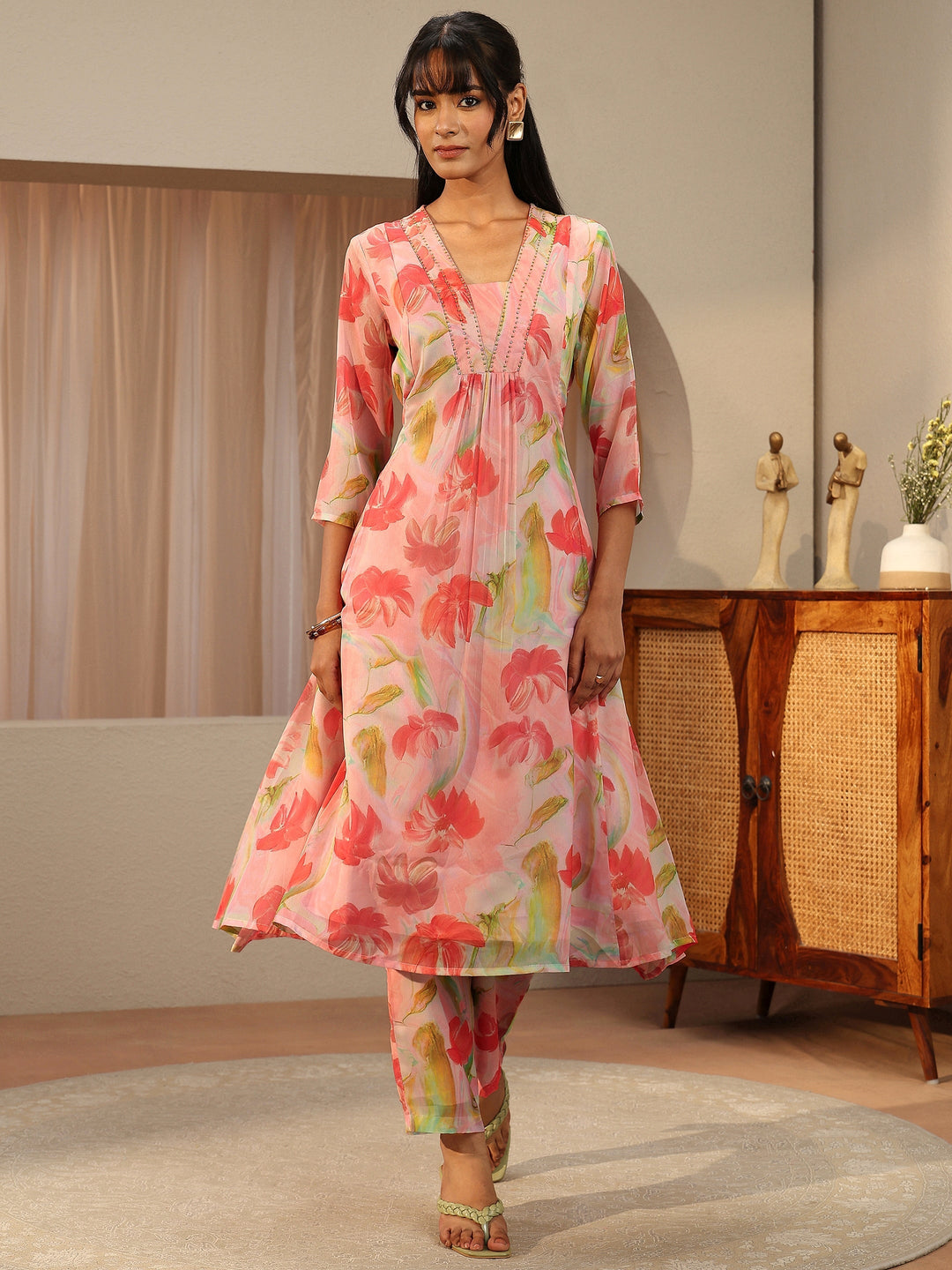 Peach Pink Floral Printed Chiffon A-line Kurta Set