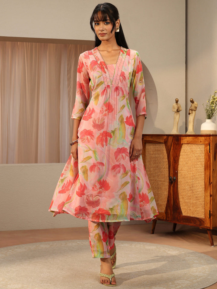 Peach Pink Floral Printed Chiffon A-line Kurta Set