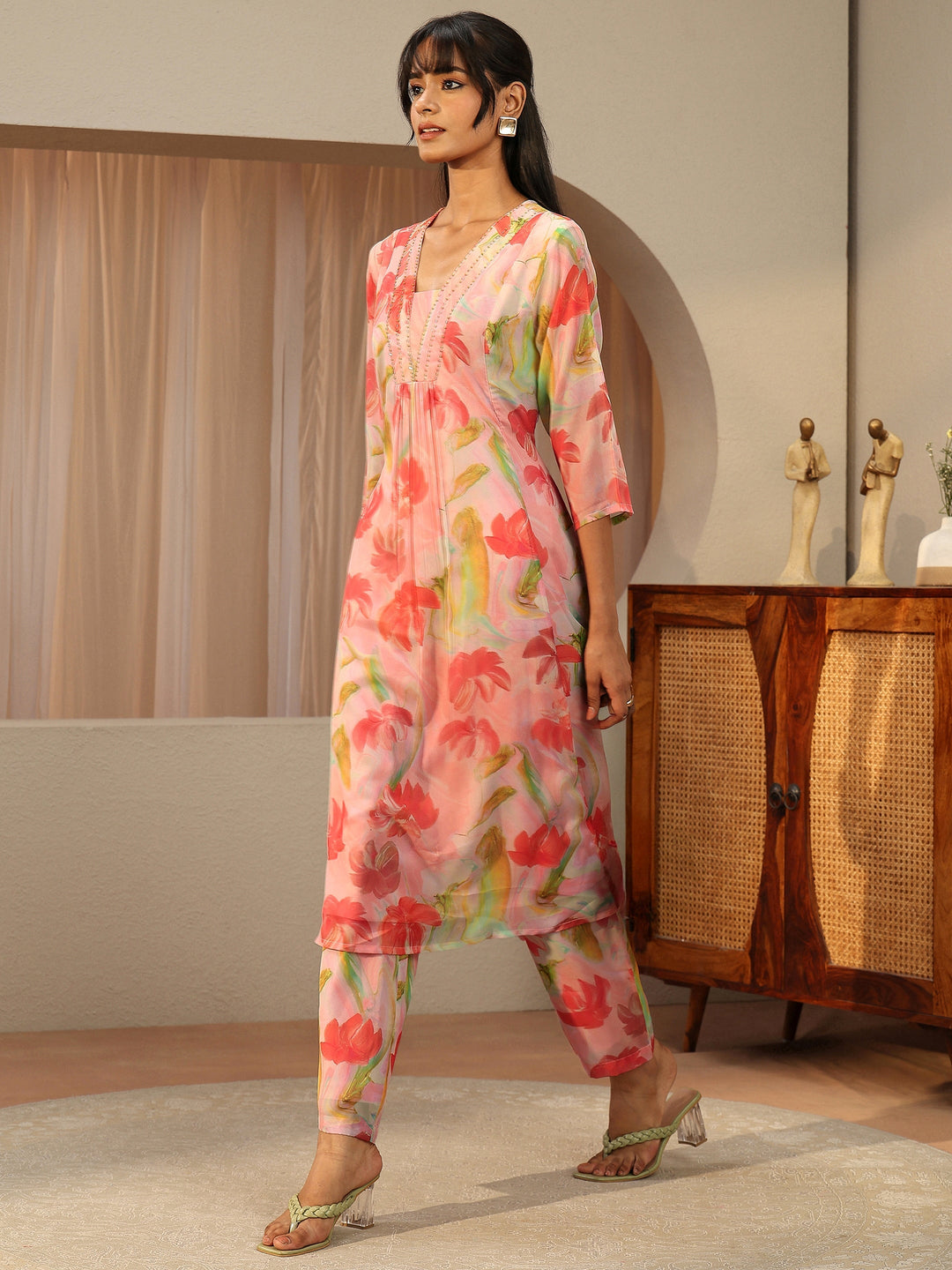 Peach Pink Floral Printed Chiffon A-line Kurta Set