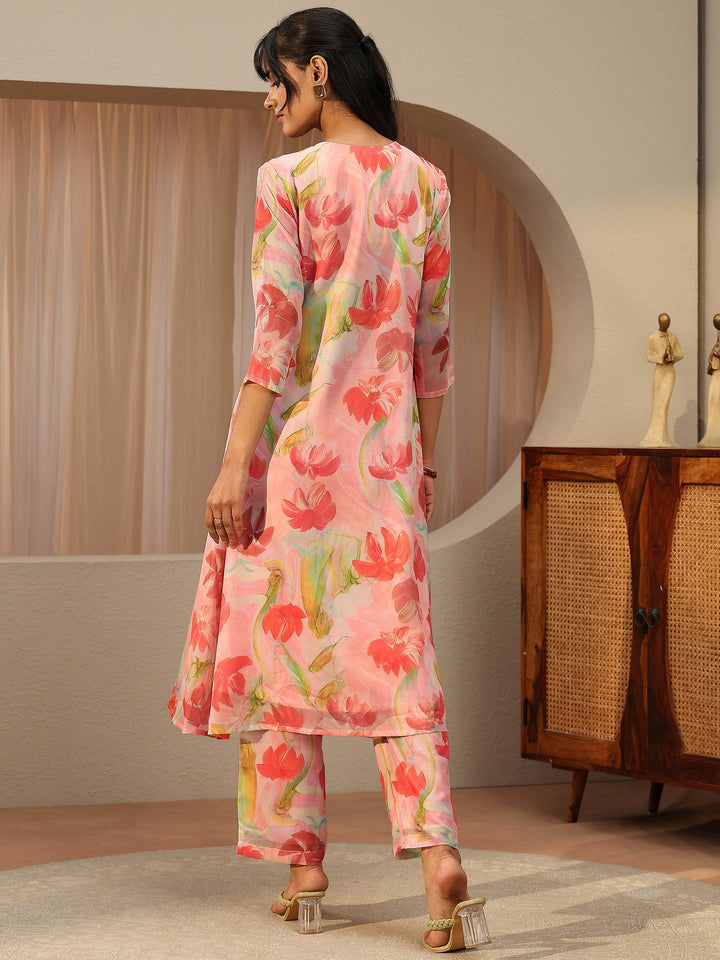 Peach Pink Floral Printed Chiffon A-line Kurta Set