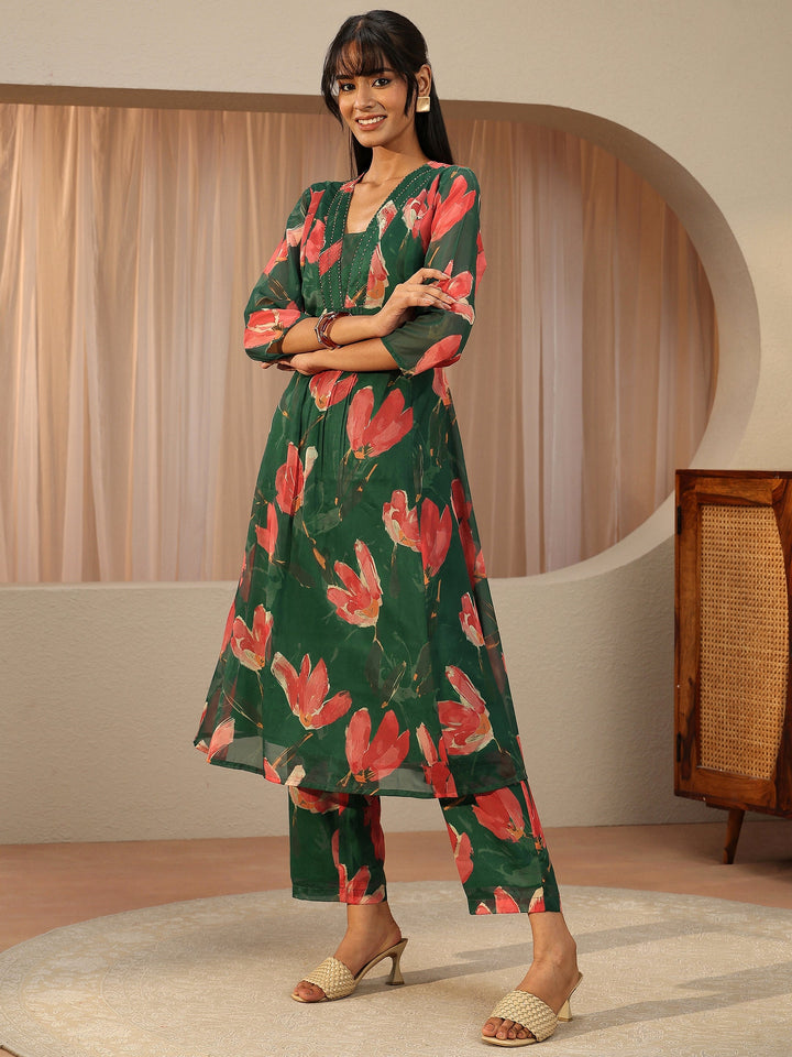 Bottle Green Floral Printed Chiffon A-line Kurta Set