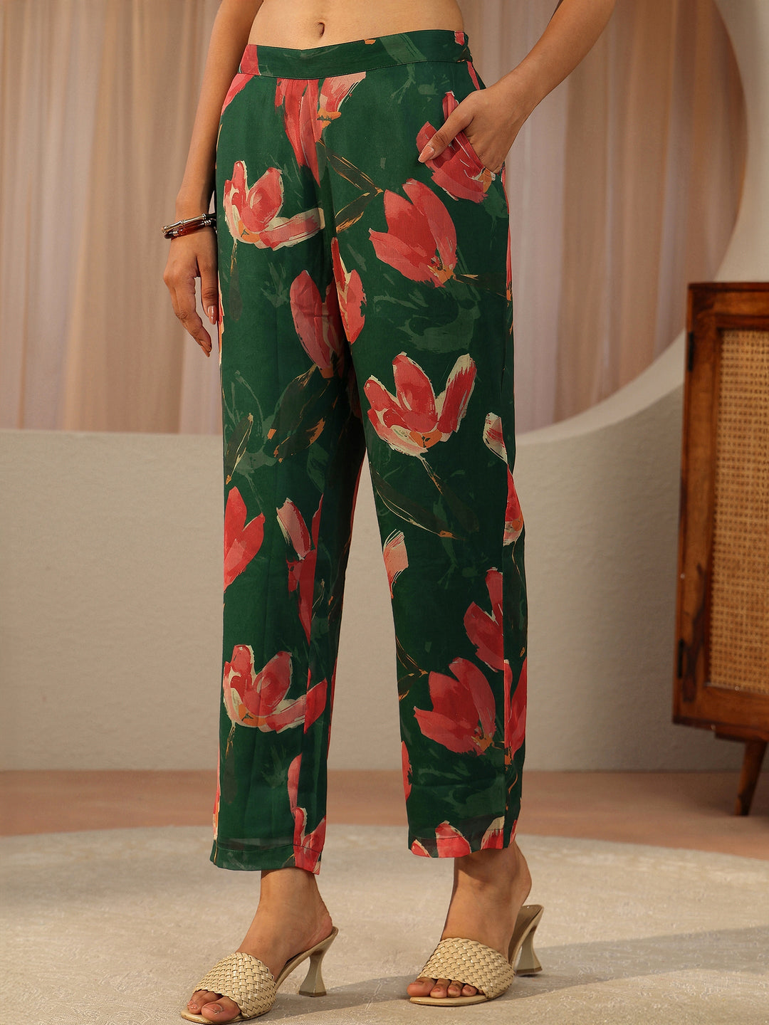 Bottle Green Floral Printed Chiffon A-line Kurta Set