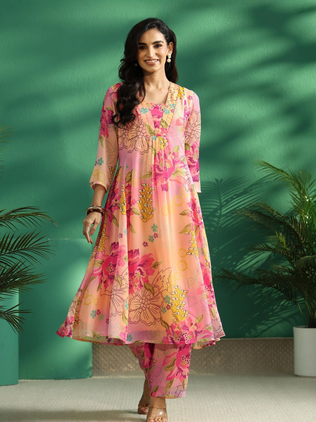Libas Pink Floral Printed Chiffon A-Line Kurta Set