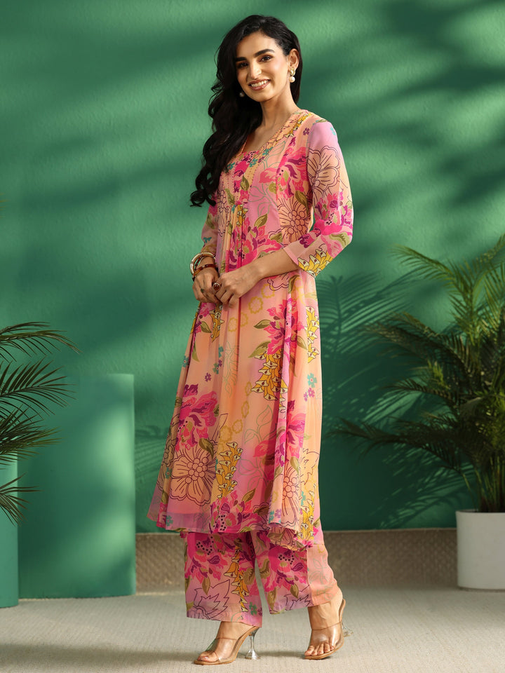 Libas Pink Floral Printed Chiffon A-Line Kurta Set