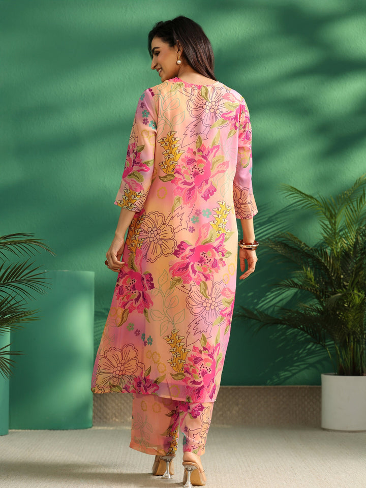 Libas Pink Floral Printed Chiffon A-Line Kurta Set