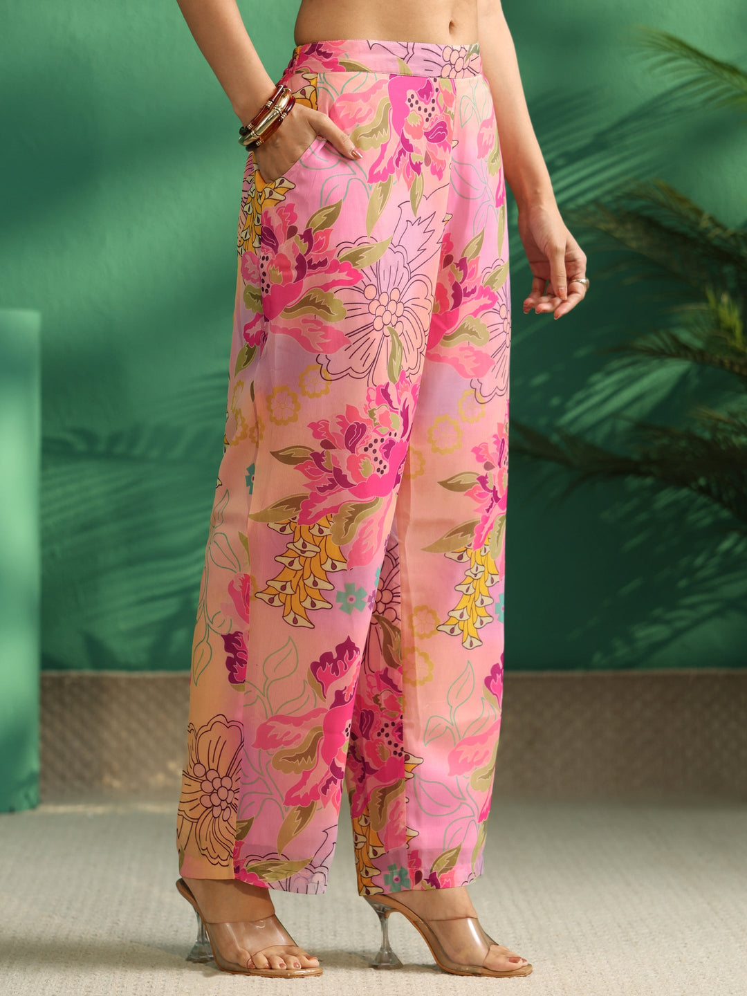 Libas Pink Floral Printed Chiffon A-Line Kurta Set