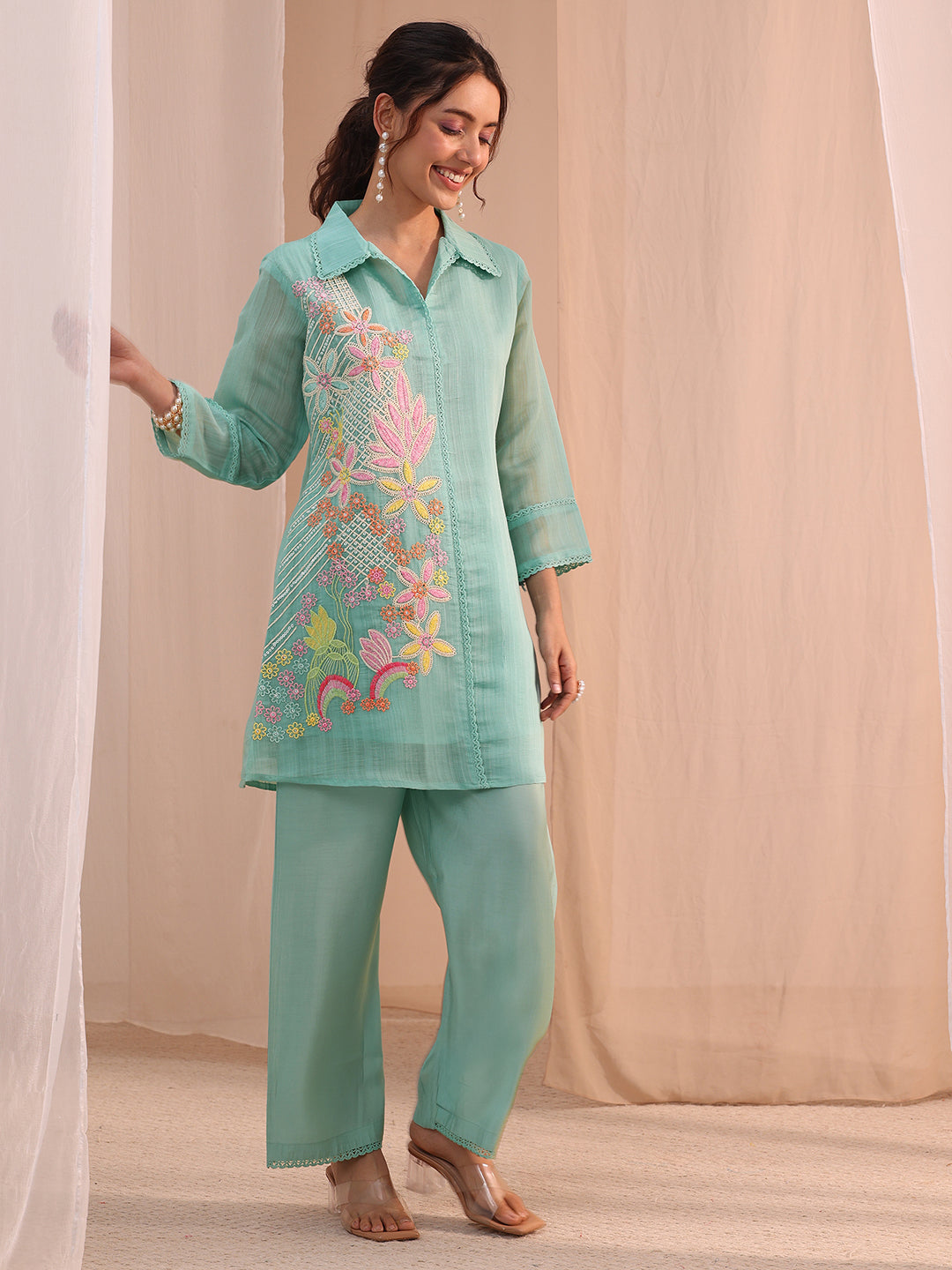 Libas Blue Floral Embroidered Chanderi Cotton Co-Ord Set