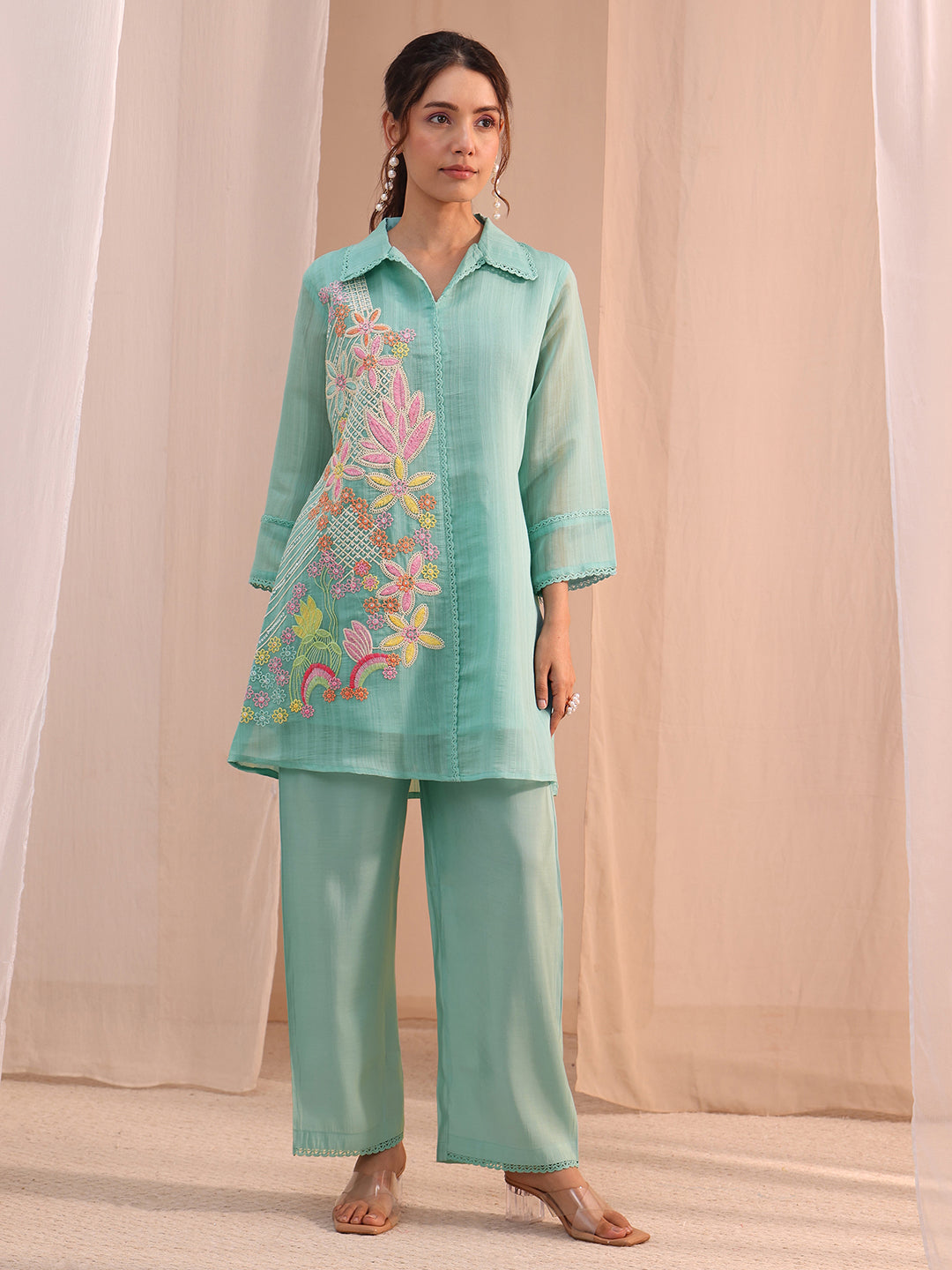 Libas Blue Floral Embroidered Chanderi Cotton Co-Ord Set