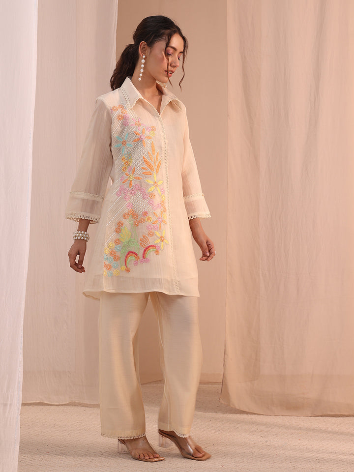Libas Off White Floral Embroidered Chanderi Cotton Co-Ord Set