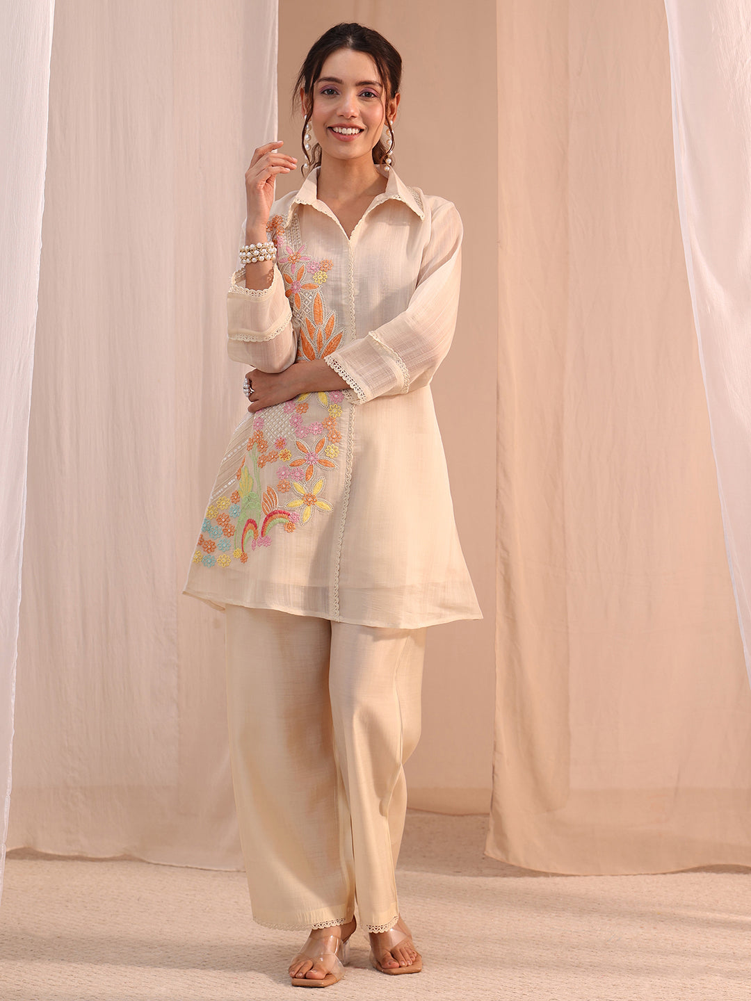Libas Off White Floral Embroidered Chanderi Cotton Co-Ord Set