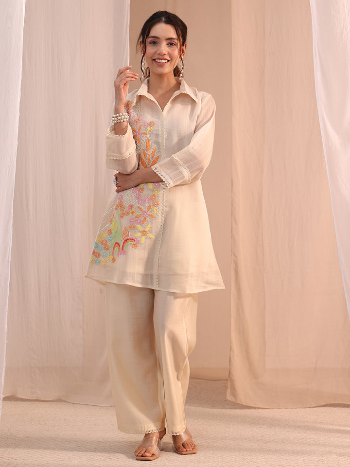Libas Off White Floral Embroidered Chanderi Cotton Co-Ord Set
