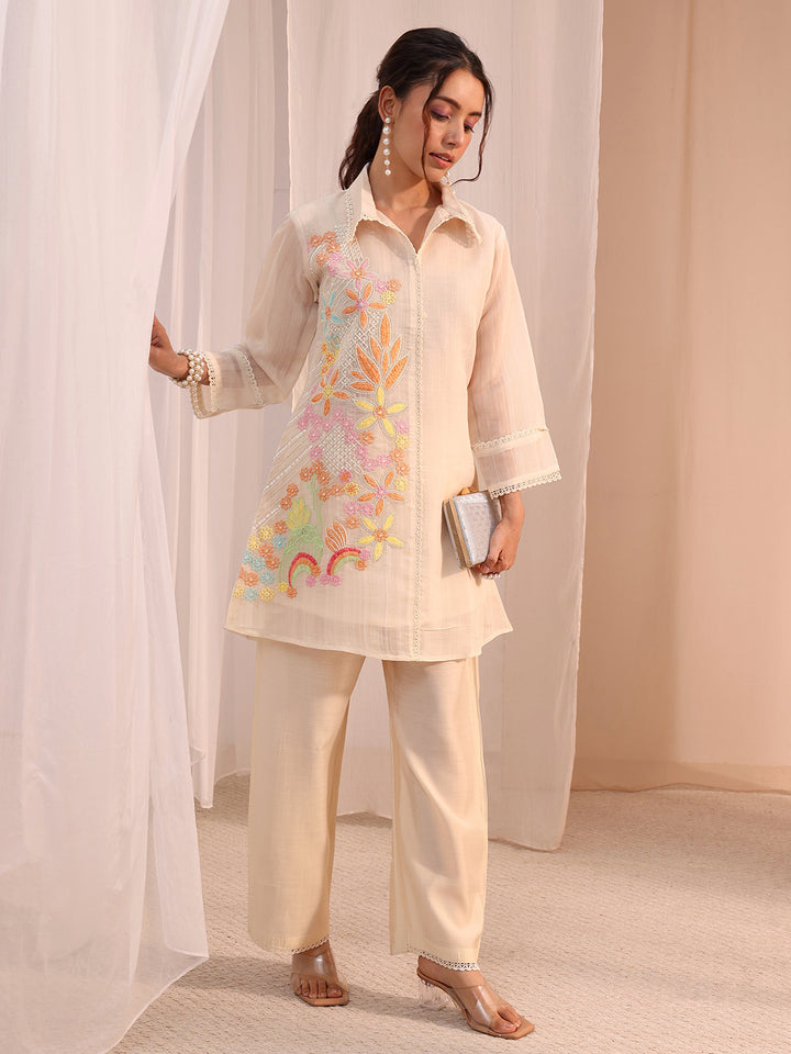 Libas Off White Floral Embroidered Chanderi Cotton Co-Ord Set