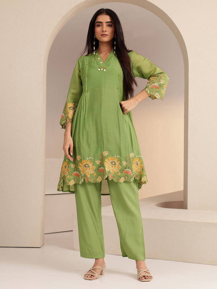 Libas Green Floral Embroidered Chanderi Cotton Co-ord Set