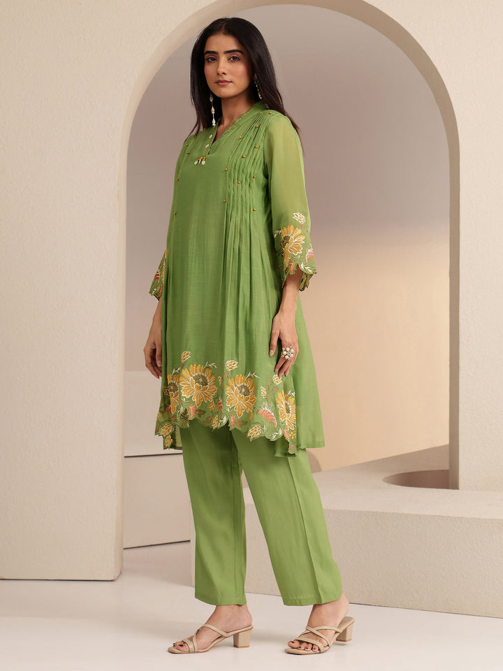 Libas Green Floral Embroidered Chanderi Cotton Co-ord Set