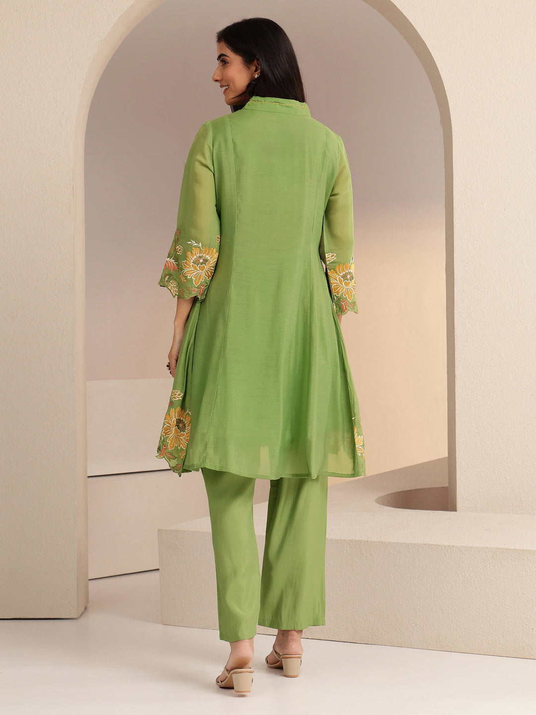 Libas Green Floral Embroidered Chanderi Cotton Co-ord Set