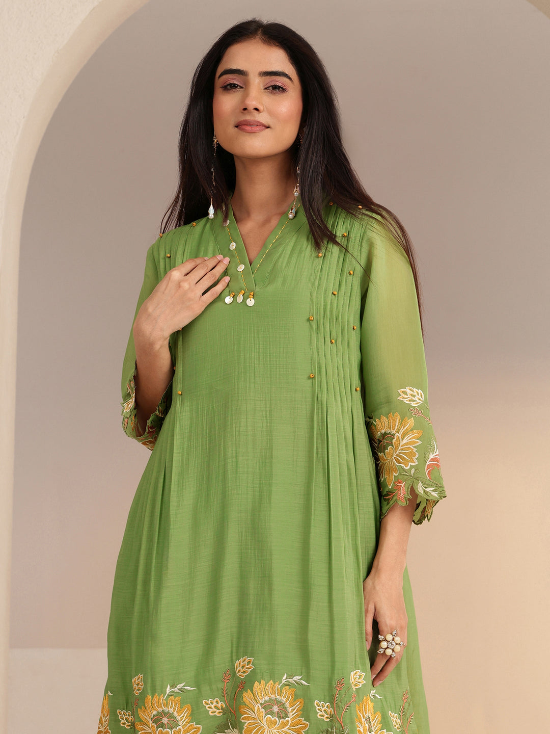 Libas Green Floral Embroidered Chanderi Cotton Co-ord Set