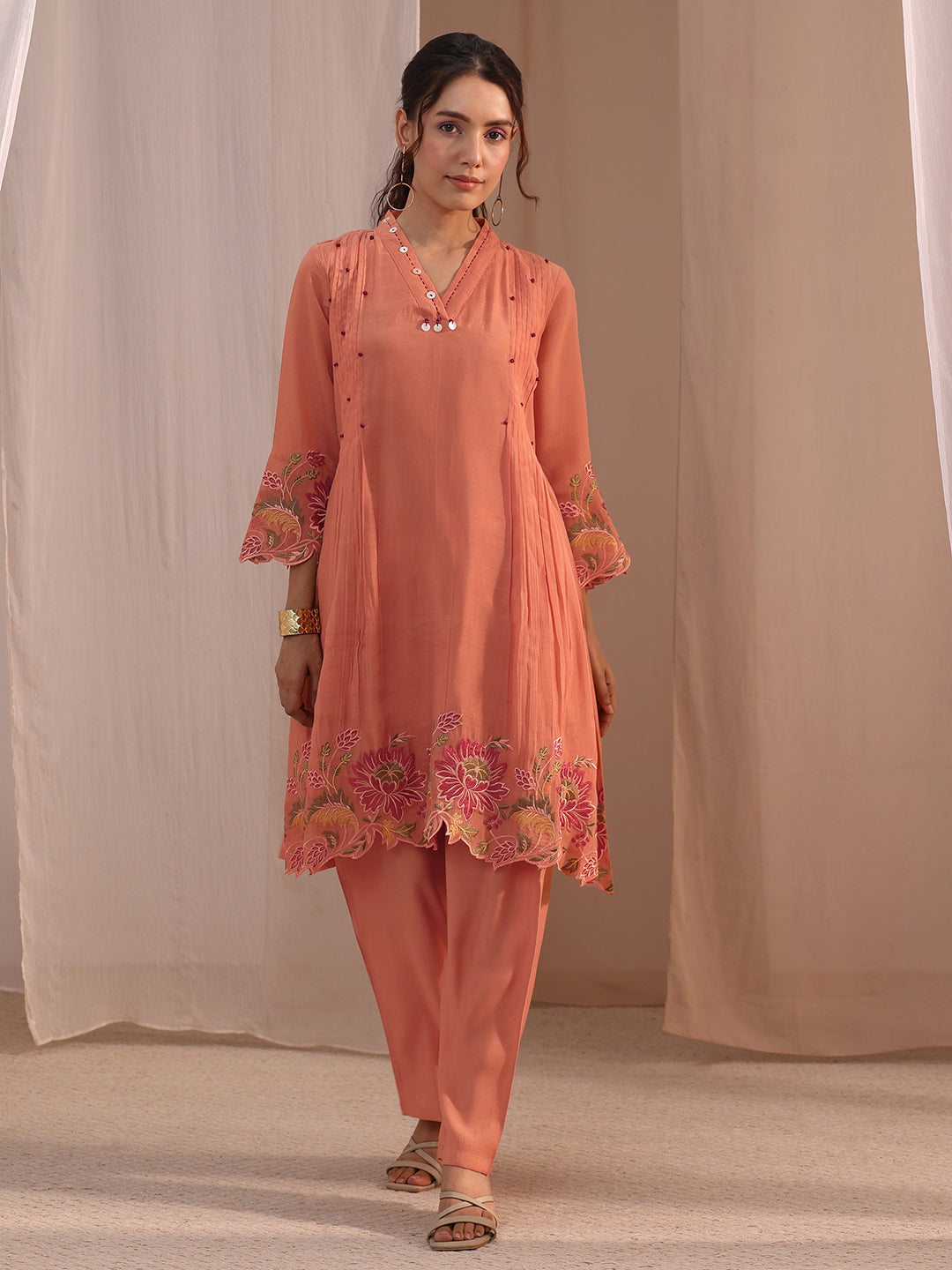 Libas Peach Floral Embroidered Chanderi Cotton Co-Ord Set