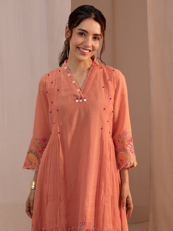 Libas Peach Floral Embroidered Chanderi Cotton Co-Ord Set