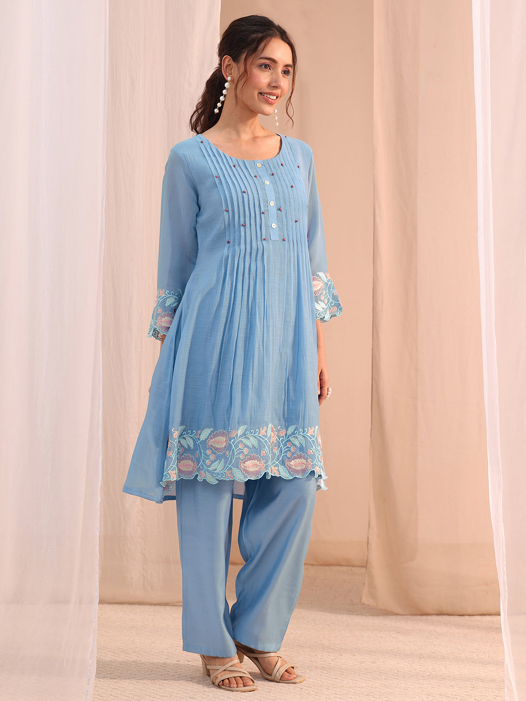 Libas Blue Floral Embroidered Chanderi Cotton Co-Ord Set