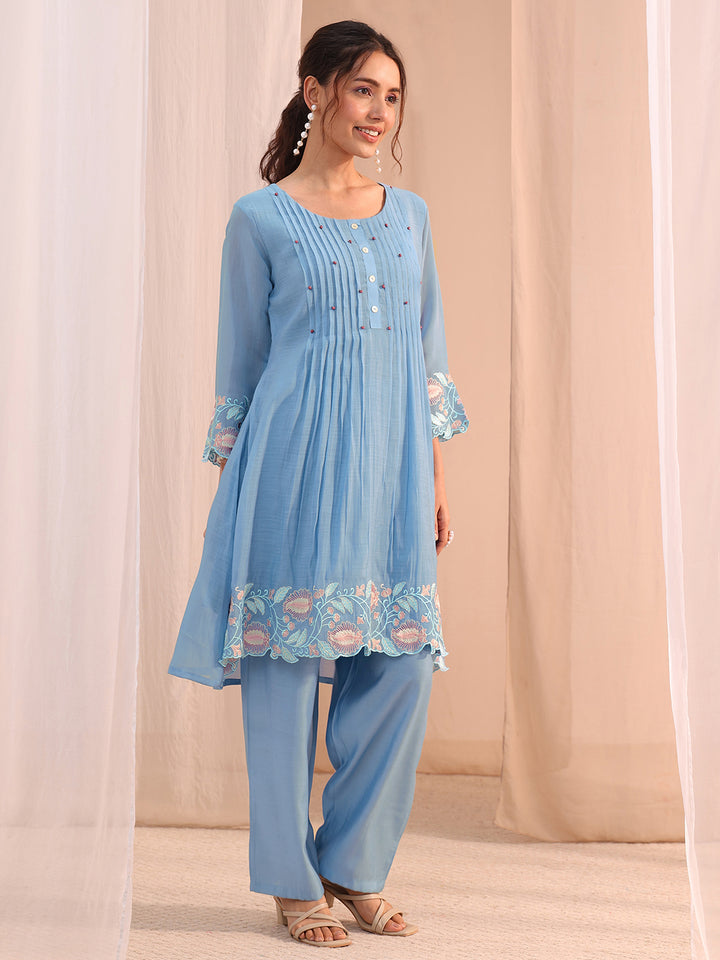 Libas Blue Floral Embroidered Chanderi Cotton Co-Ord Set