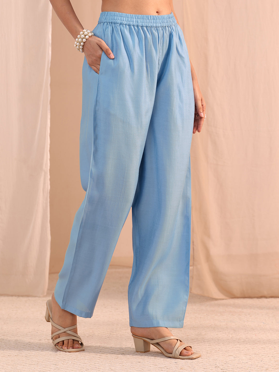 Libas Blue Floral Embroidered Chanderi Cotton Co-Ord Set