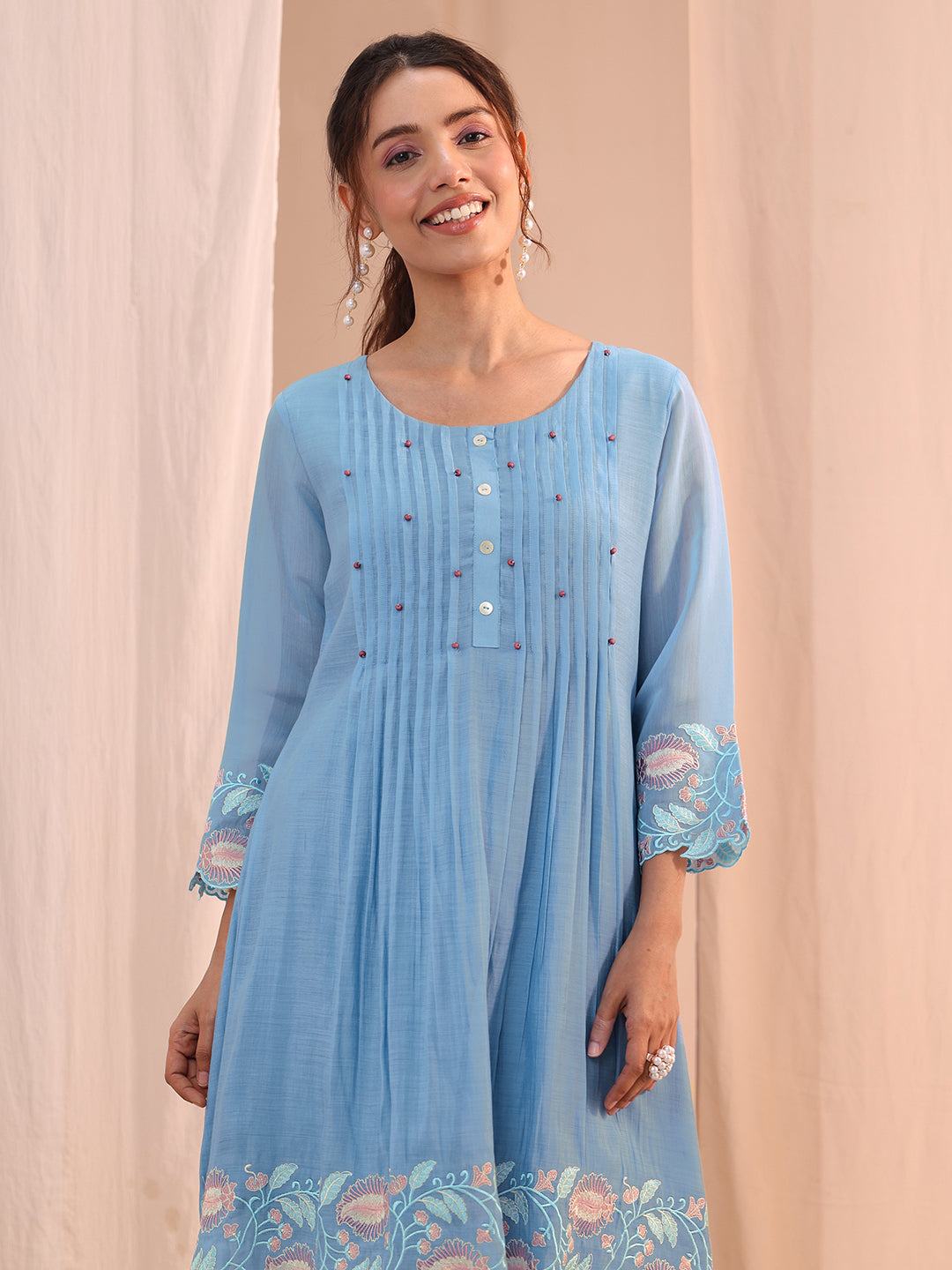 Libas Blue Floral Embroidered Chanderi Cotton Co-Ord Set