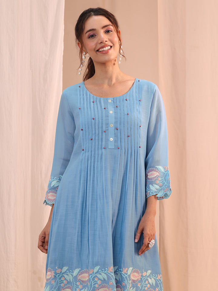 Libas Blue Floral Embroidered Chanderi Cotton Co-Ord Set