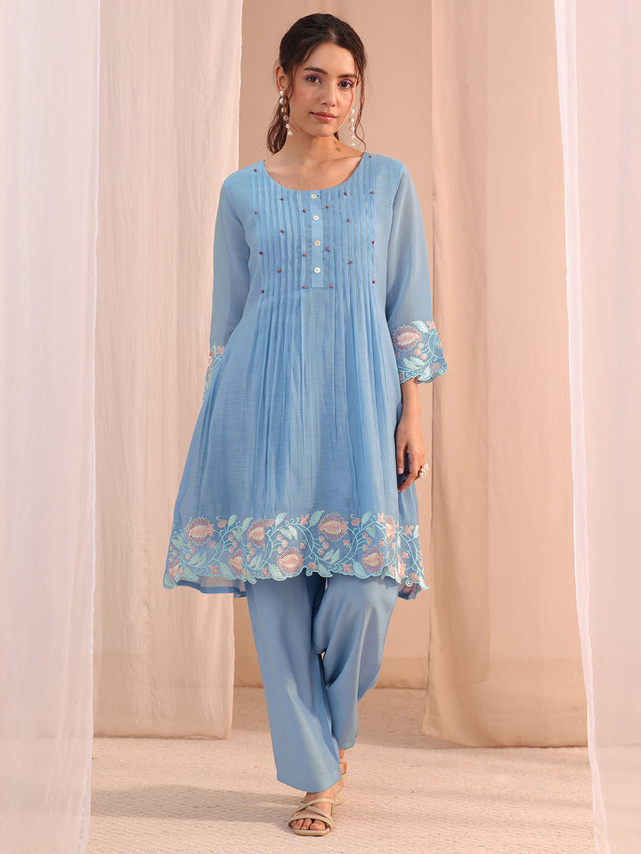 Libas Blue Floral Embroidered Chanderi Cotton Co-Ord Set