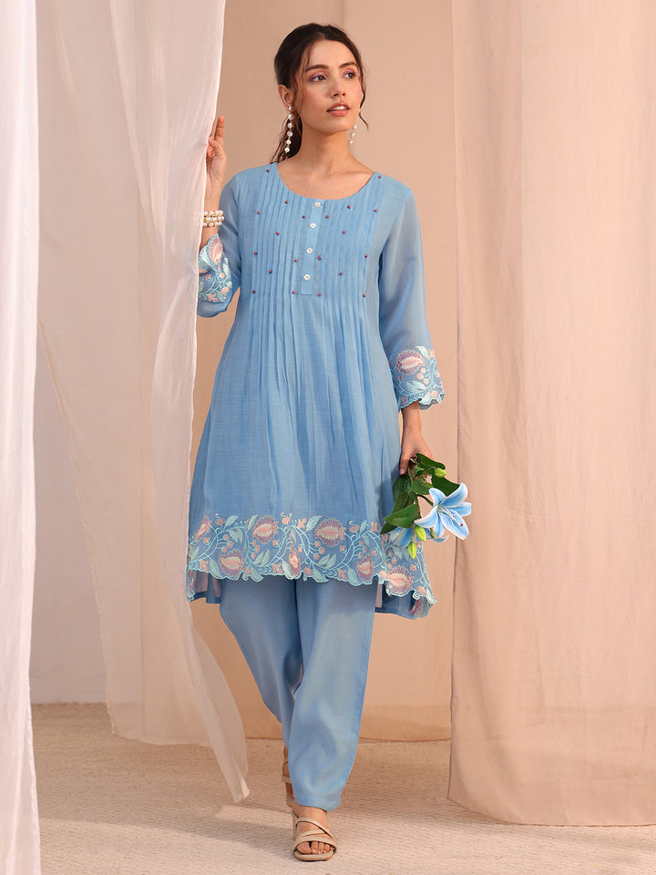 Libas Blue Floral Embroidered Chanderi Cotton Co-Ord Set