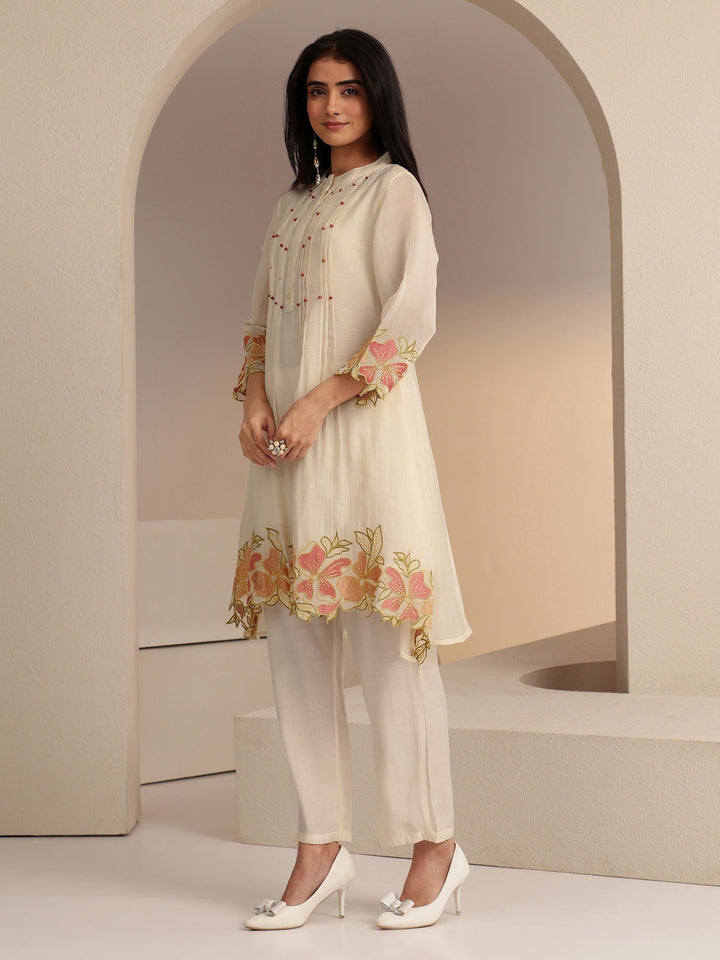Libas Ivory Floral Embroidered Chanderi Cotton Co-ord Set