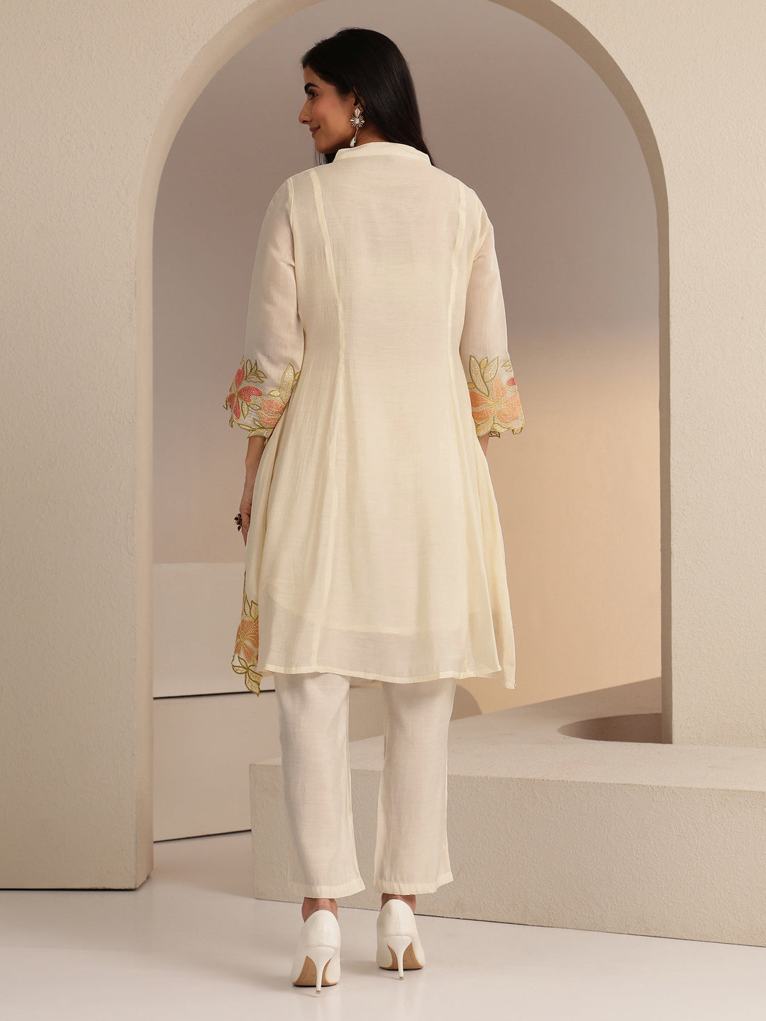 Libas Ivory Floral Embroidered Chanderi Cotton Co-ord Set