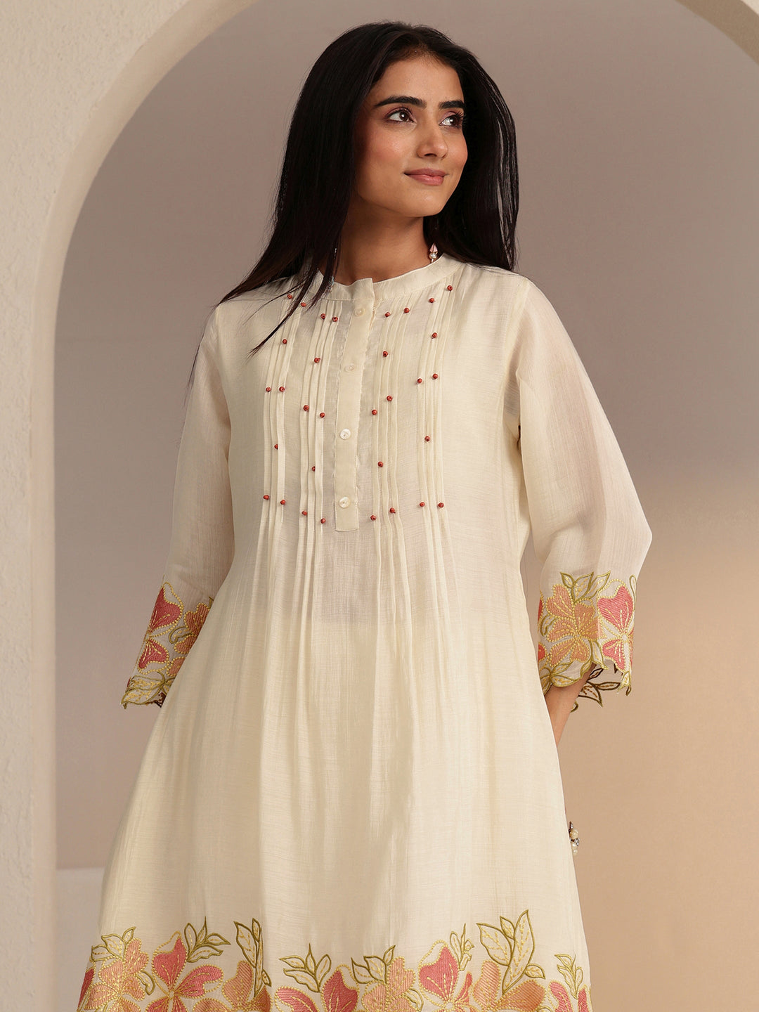 Libas Ivory Floral Embroidered Chanderi Cotton Co-ord Set