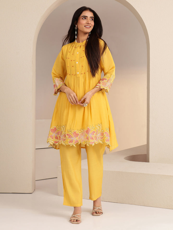 Libas Mustard Floral Embroidered Chanderi Cotton Co-ord Set