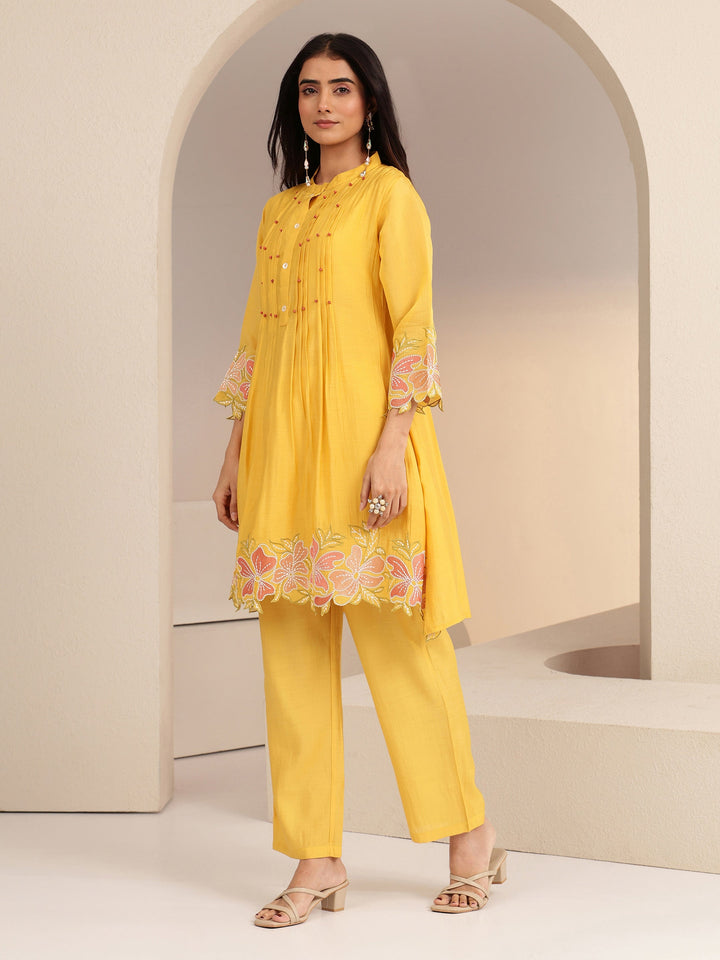 Libas Mustard Floral Embroidered Chanderi Cotton Co-ord Set