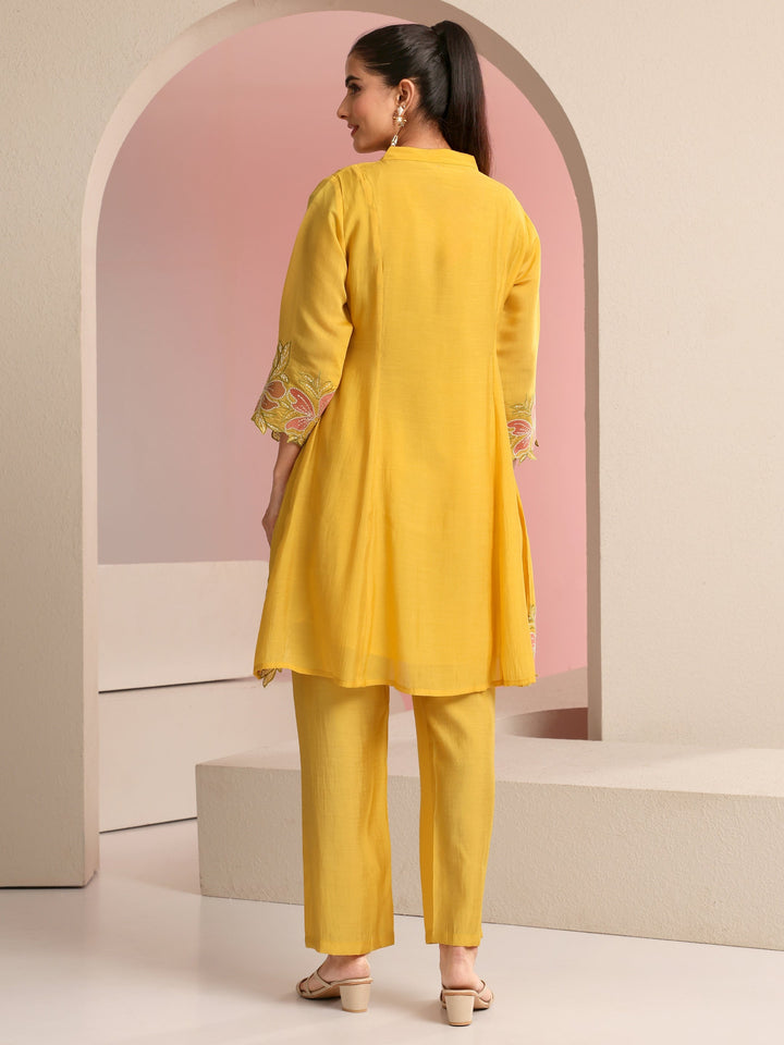 Libas Mustard Floral Embroidered Chanderi Cotton Co-ord Set