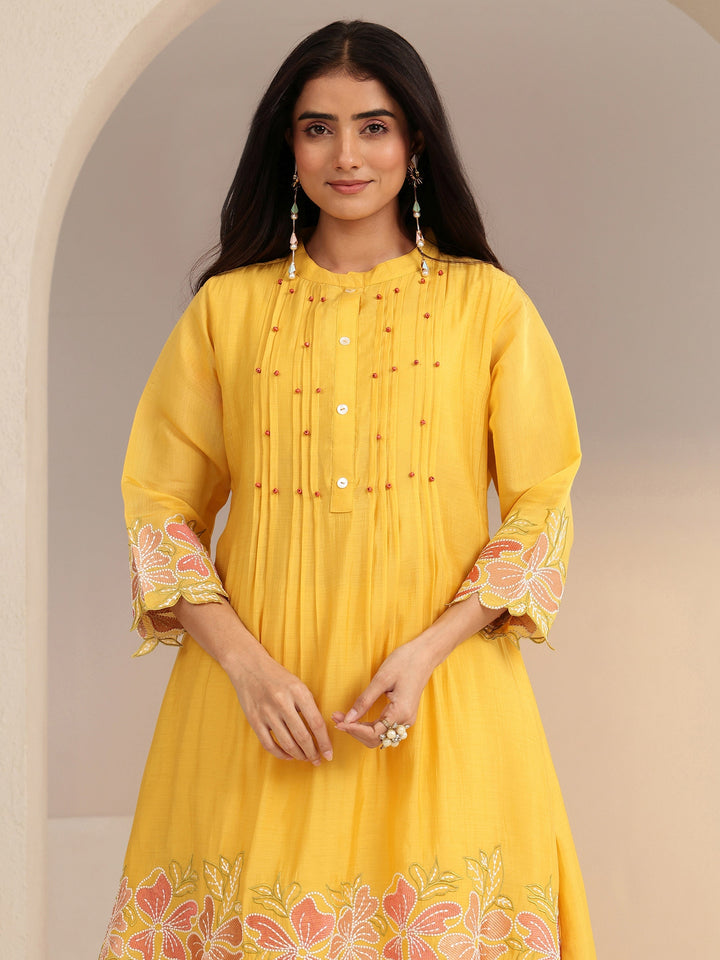 Libas Mustard Floral Embroidered Chanderi Cotton Co-ord Set
