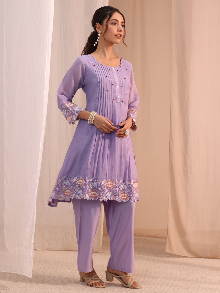 Libas Lavender Floral Embroidered Chanderi Cotton Co-Ord Set