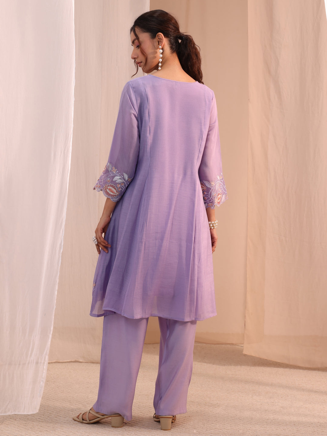 Libas Lavender Floral Embroidered Chanderi Cotton Co-Ord Set