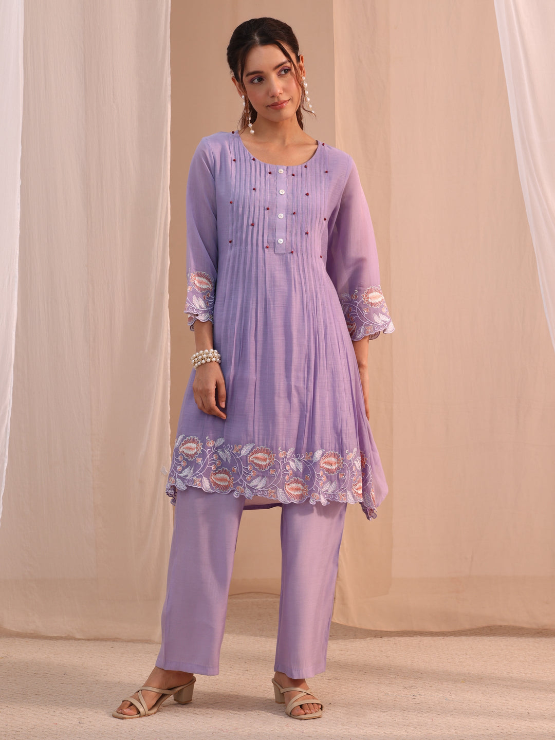 Libas Lavender Floral Embroidered Chanderi Cotton Co-Ord Set