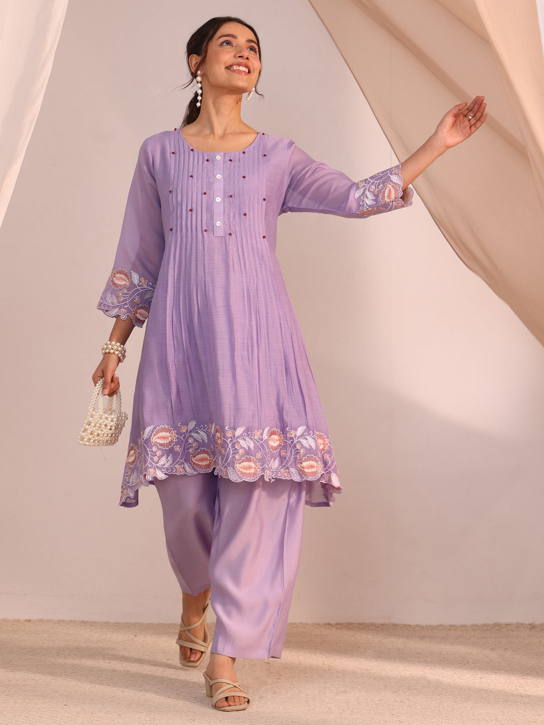 Libas Lavender Floral Embroidered Chanderi Cotton Co-Ord Set