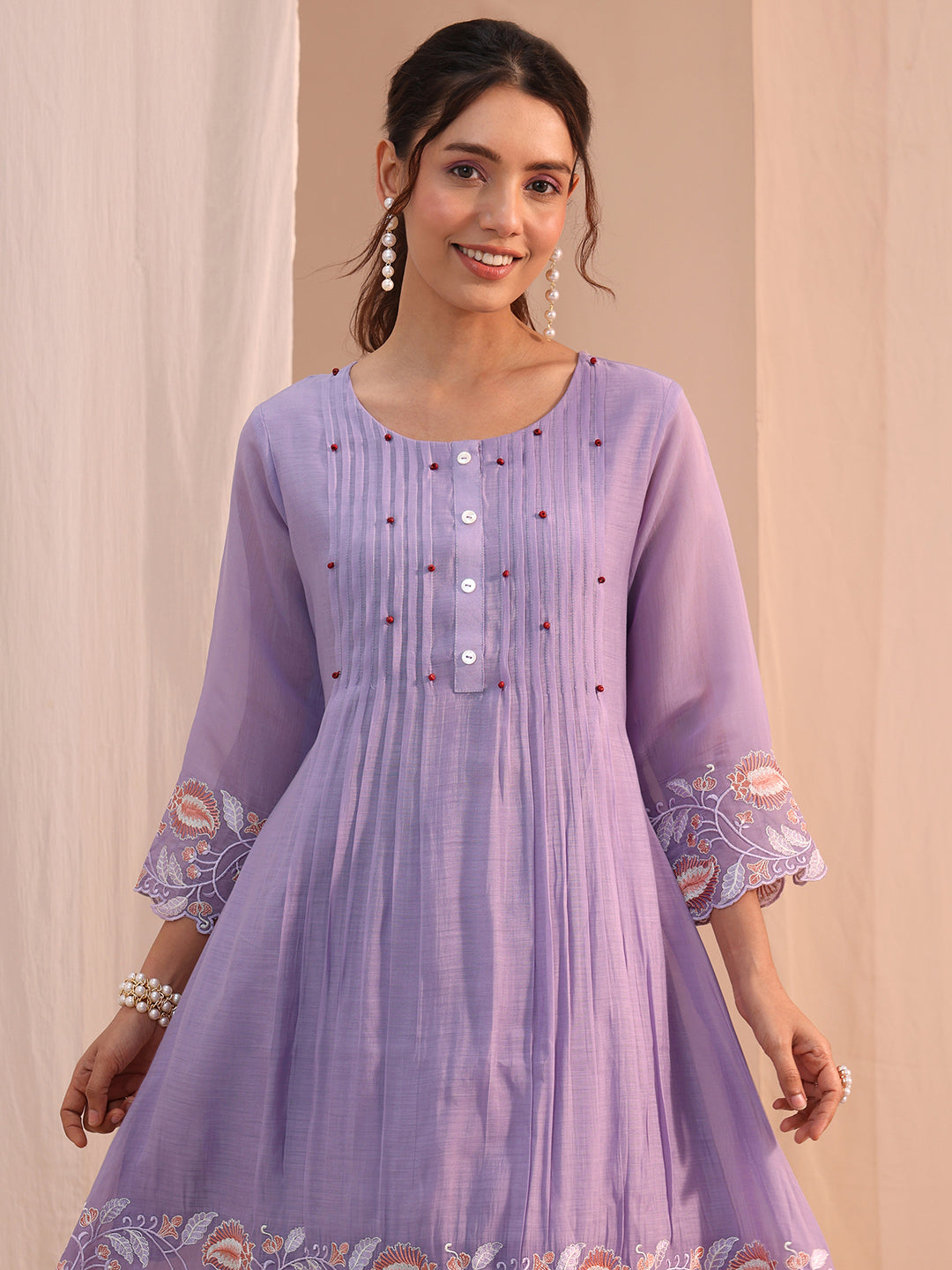 Libas Lavender Floral Embroidered Chanderi Cotton Co-Ord Set