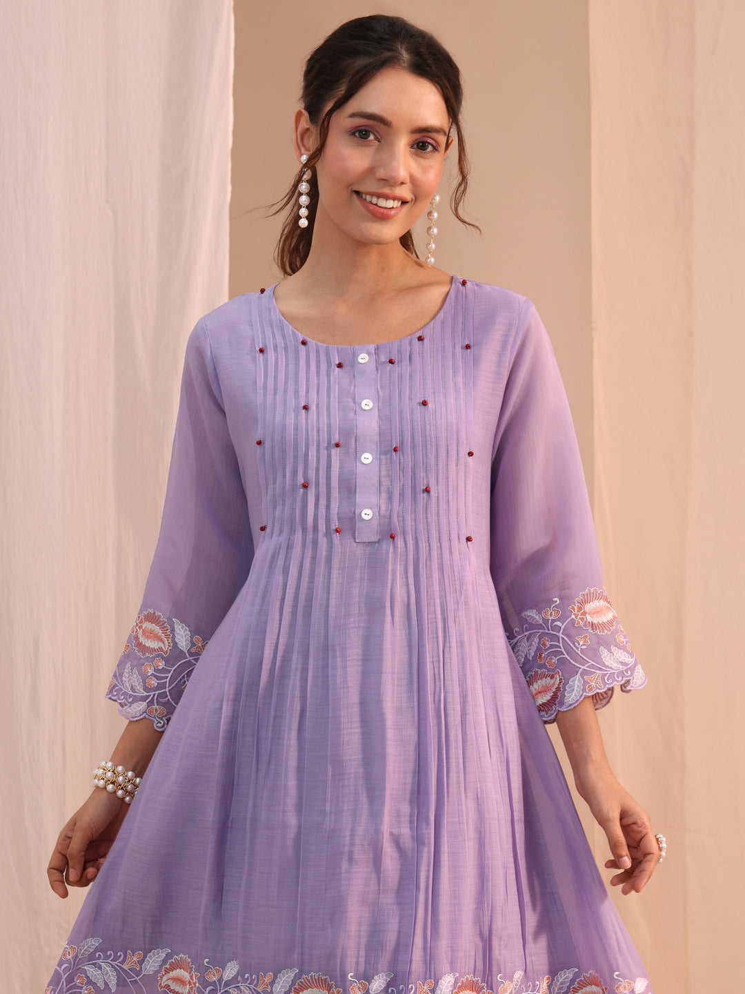 Libas Lavender Floral Embroidered Chanderi Cotton Co-Ord Set