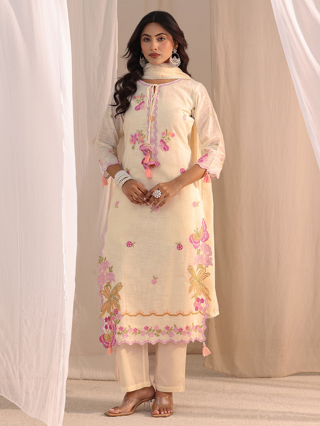 Libas Off White Floral Embroidered Cotton Blend Straight Suit Set